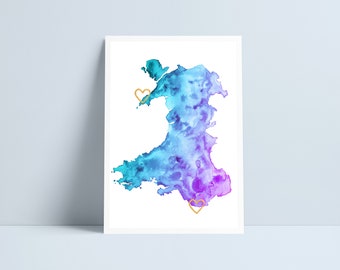 Custom Wales Map with hand painted hearts by Niki Pilkington / Welsh map Wales watercolour personalised