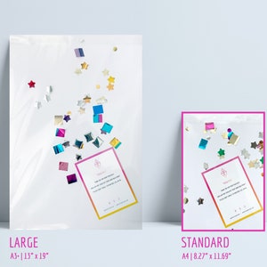 May include: Two white sheets of paper with colorful confetti scattered on them. The paper on the left is larger than the paper on the right. Both sheets of paper have a small card with text on them. The text on the card reads "Thank you for your purchase. We hope you love your new print. Please tag us on social media if you share a photo of your print.  We love seeing your creations!" The text below the larger sheet of paper reads "LARGE A3+ | 13" x 19" ". The text below the smaller sheet of paper reads "STANDARD A4 | 8.27" x 11.69" ".