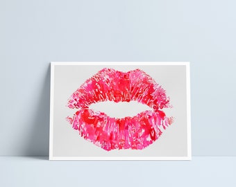 May include: A watercolor painting of a red lipstick kiss mark on a white background.
