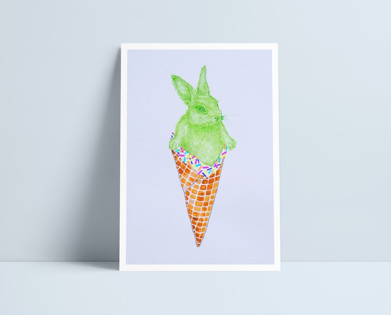 Bunny Ice Cream cone by Niki Pilkington / rabbit drawing print image 1