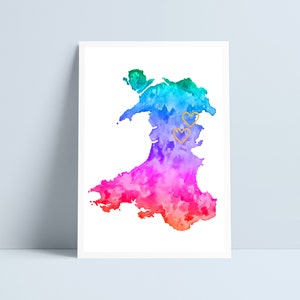 Mapa personalizado de Gales con corazones pintados a mano impresos por Niki Pilkington / Mapa galés Gales acuarela personalizada