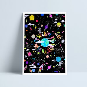 May include: A black background with a colorful illustration of a planet earth surrounded by stars, planets, rockets, and astronauts. The text "Only Earth Boy" is written around the planet in a rainbow font.