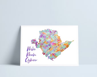 LARGE map of Anglesey 'Môn Mam Cymru' Orange / pale blue tones - by Niki Pilkington