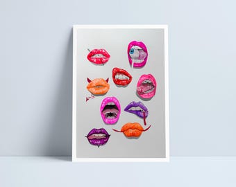 May include: A vertical art print featuring a collection of illustrated lips in various colors and styles. The designs include red, pink, orange, and purple lips, some with fangs, a spider, a blue eyeball, or devil horns and a tail.