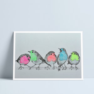 Neon Robins print by Niki Pilkington / birds gallery wall nature art image 1