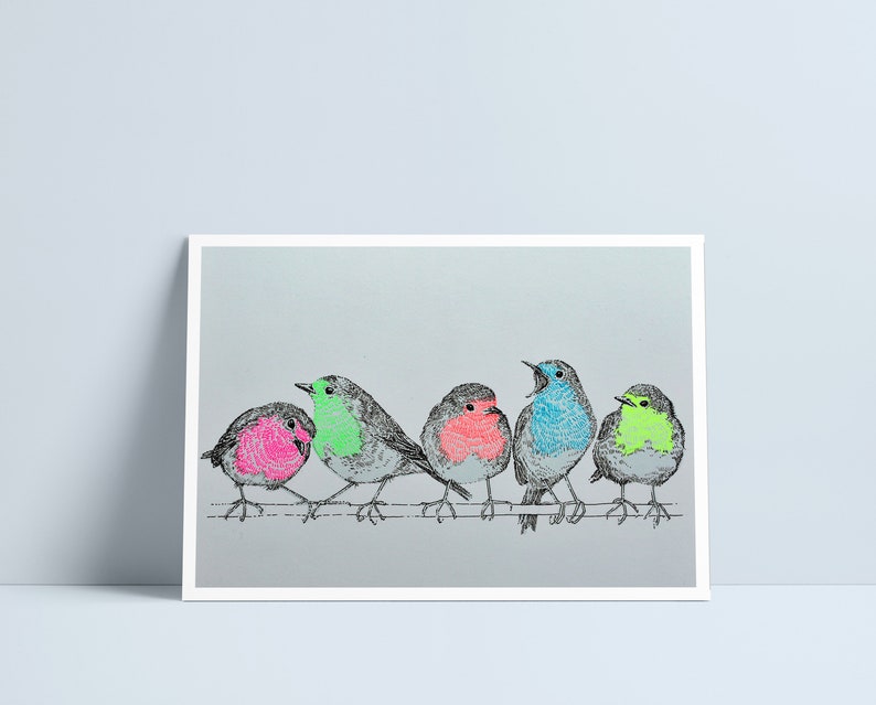 Neon Robins print by Niki Pilkington / birds gallery wall nature art image 1