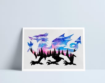 Dragon Sunset - Draig Machlud print by Niki Pilkington / Welsh Dragon Wales art Cymru Cymraeg