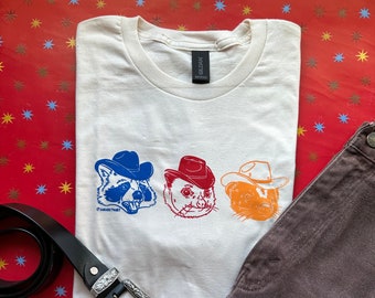 Cowboy Trio handprinted shirt | 100% cotton | cowboy shirt | opossum shirt | possum shirt | raccoon | frog