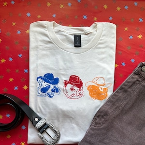 Cowboy Trio handprinted shirt | 100% cotton | cowboy shirt | opossum shirt | possum shirt | raccoon | frog