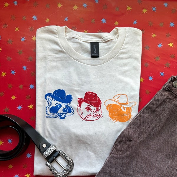 Cowboy Trio handprinted shirt | 100% cotton | cowboy shirt | opossum shirt | possum shirt | raccoon | frog