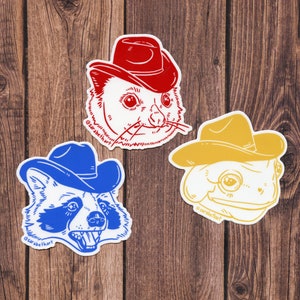 Tri-color trio stickers | trash pal round-up | opossum cowboy | raccoon cowboy | frog cowboy | yeehaw