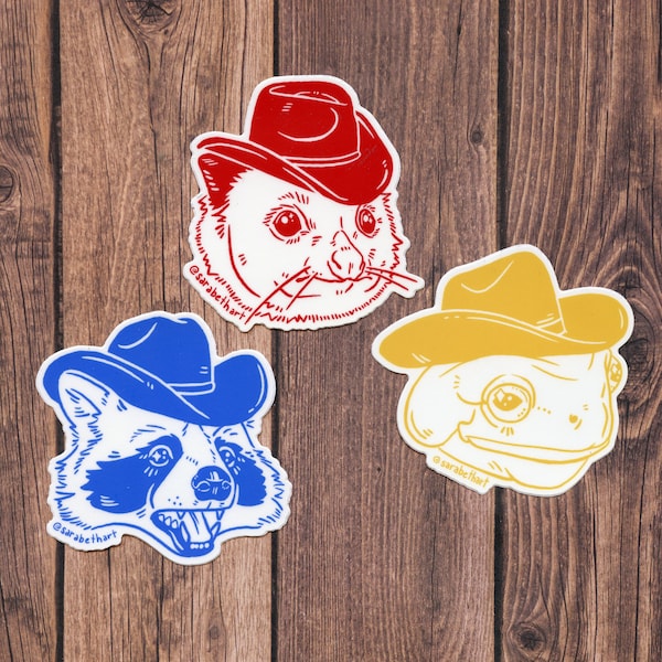 Tri-color trio stickers | trash pal round-up | opossum cowboy | raccoon cowboy | frog cowboy | yeehaw