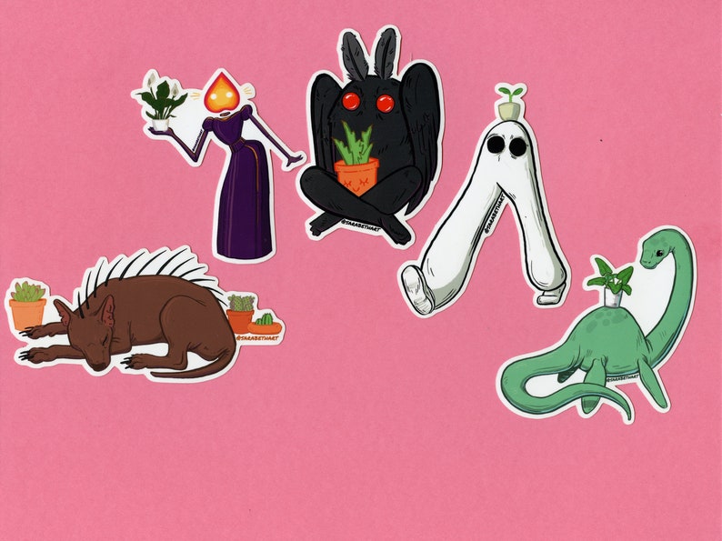 Cryptid and Plant Buddy stickers or pack, Lochnes monster, Mothman, Fresno Nightcrawler, Chupacabra, Flatwoods Monster 