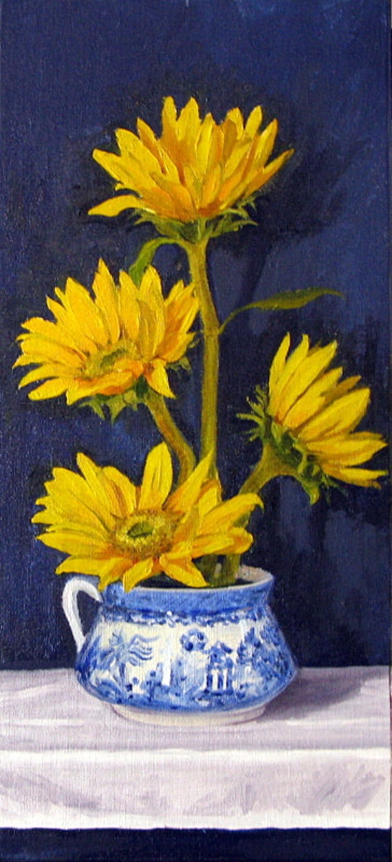 Sunflowers in Blue Willow Vase still life of sunflowers Etsy