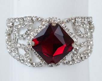 Square Red Rhinestone Bracelet with White Rhinestones in a Leaf Shape and Gold Tone Clasp