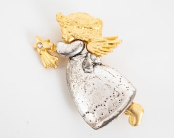 Angel Brooch Danecraft Silver and Gold Tone Holding Shooting Star w Rhinestone