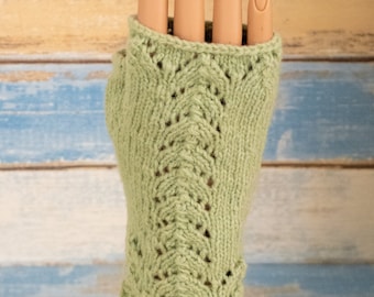 Pair  of Lace Fingerless Gloves Green Mittens Lambswool and Angora Blend Yarn Hand Made in the USA