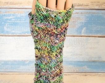 Multi Colored Lace Fingerless Gloves Hand Knit Green Pink Yellow Orange Mittens Texting Gloves Gift For her