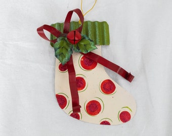 Christmas Stocking Metal Ornament Hand Painted Off White With Leaves, Jingle Bell and Metal Ribbon 6 Inches Tall x 5 inches Wide