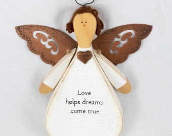 Wooden Metal Angel Figure Primitive Farmhouse Christmas Holiday Décor   "Love Helps Dreams Come True" Printed on the Front