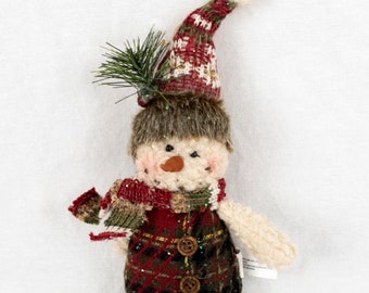 Plush Plaid Snowman Christmas Ornament with Buttons Scarf Hat