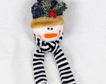 Plush Christmas Ornament Snowman Face with Striped Scarf