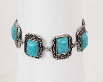 Faux Turquoise Toggle Bracelet Six Panel Silver Toned with Scrolled Hearts Native Theme or Southwestern Style