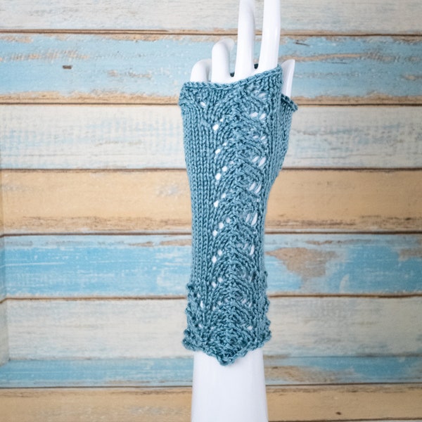 Long Light Blue Lace Fingerless Gloves Patons Silk Bamboo Yarn  10 inches long  3.5 inches wide