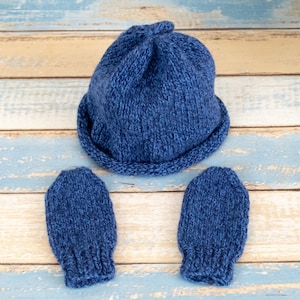 Blue Baby Hat and Mitten Set  Infant Hat  Hand Made in USA  Lambs Wool & Angora Blend