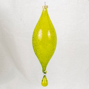 Green Glass Christmas Ornament Hand Blown Long Oval Teardrop  Peschka  7 Inches Tall x 2 inches Wide