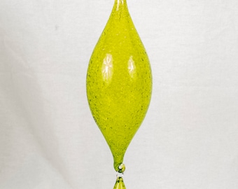 Green Glass Christmas Ornament Hand Blown Long Oval Teardrop  Peschka  7 Inches Tall x 2 inches Wide