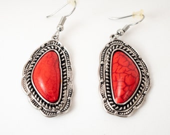 Faux Red Turquois Stone Earrings Silver Tone Southwest Style 1.5 inches long