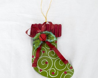 Christmas Stocking Ornament Hand Painted Green Tin Metal  W Leaves n Jingle Bell  6 Inches Tall x 5 Inches Wide