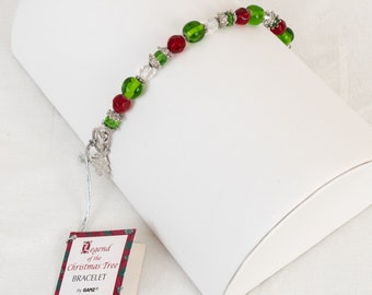 Christmas Tree Bracelet Red Green Glass Beads Toggle Closure Silver Tone Ganz