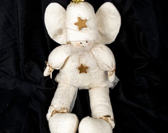 Christmas Angel Plush Primitive Cloth Doll Beige with Gold Wood Stars