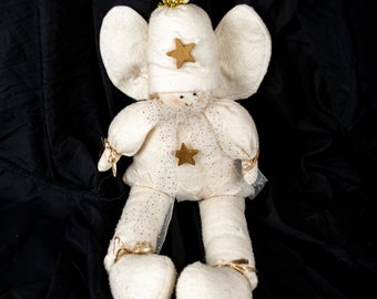 Christmas Angel Plush Primitive Cloth Doll Beige with Gold Wood Stars