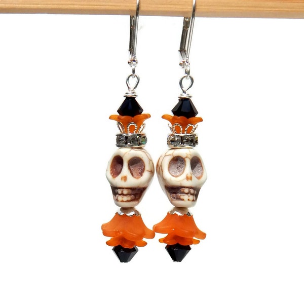 Sugar Skull Jewelry, Orange and Black Calavera King, Orange Flowers, Day of the Dead, Festival Chic, Halloween Earrings, Swarovski Crystals