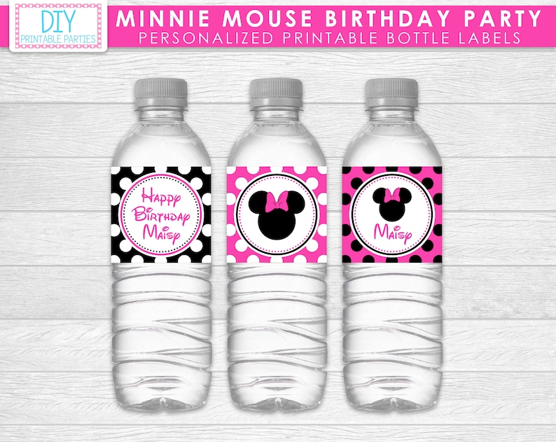 Printable DIY Black and Pink Minnie Mouse Theme Personalized Happy Birthday Water Bottle Labels