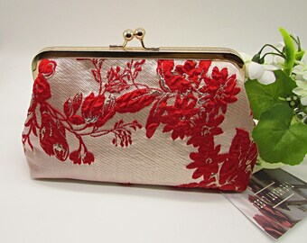 Handmade Red and Gold Jacquard Floral Clutch: Wedding Evening Bag