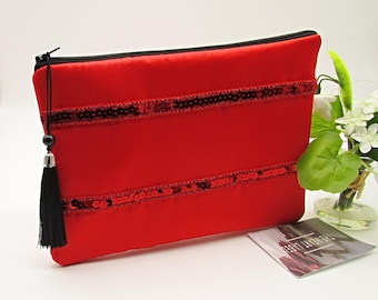 Red Satin Clutch: Red Sequin Zipper Purse, Evening Bag