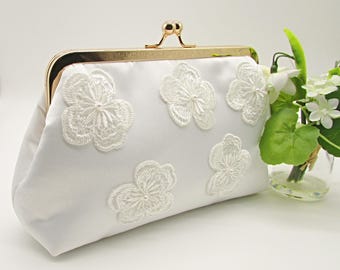 Handmade Ivory Satin Bridal Clutch: Sequin Flower, Wedding Purse