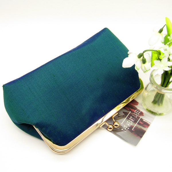 Sac pour femme, Pochette en soie couleurs paon, Pochette de mariée en soie, Pochette de mariage, Pochette verte, Pochette de soirée, Cadeau pour femme