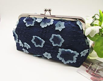 Navy Lace Floral Clutch Bag: Handmade Wedding Evening Purse