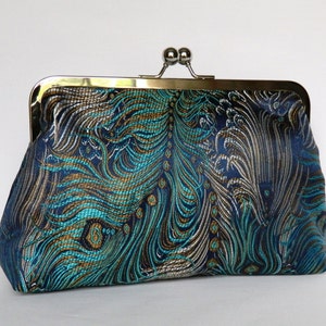 Clutch Bag in Jacquard Fabric Peacock Feather Pattern 