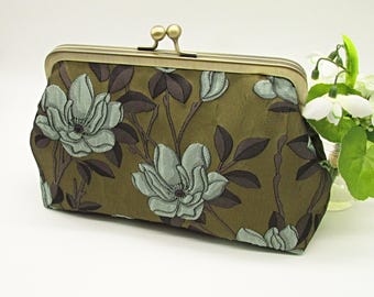 Handmade Olive Mint Floral Jacquard Brocade Clutch Bag, Antique Brass Kiss Lock Frame