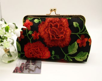 Handmade Embroidered Roses Clutch: Black Lace Wedding Evening Bag