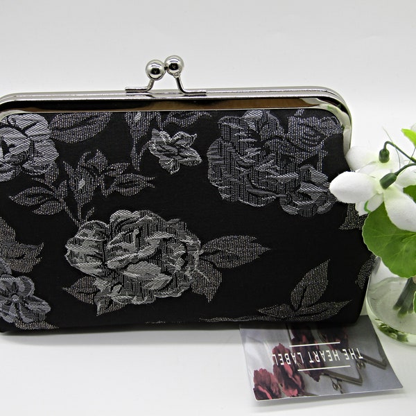 Floral Clutch Bag, Black and Grey Floral Clutch Bag, Wedding Clutch Purse,  Bridesmaids Clutch, Ladies Gifts, Evening Clutch, Party Clutch