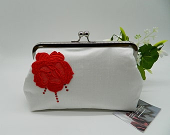 Ivory Clutch Bag, Bridal Clutch Purse, Ivory Silk and Red Rose Clutch, Ivory and Red Clutch Purse, Wedding Clutch Bag