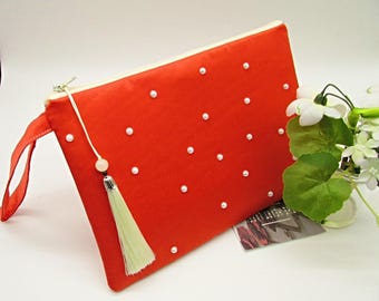 Orange Satin with Pearls Clutch: Orange Zipper Purse, Wedding Bag