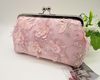 Blush Pink Lace Floral Clutch Bag: Handmade Wedding Evening Purse